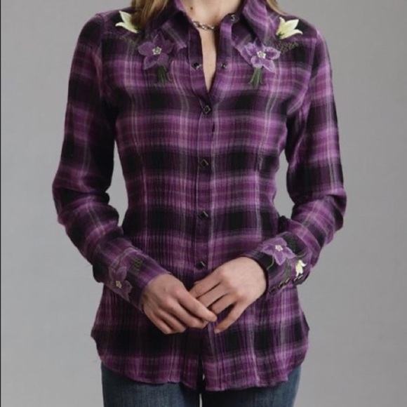Stetson Plaid Button Down Shirt Floral Embroidered Western Cowgirl Women’s Sz XL - Picture 3 of 13
